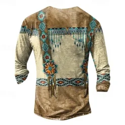 Men's Graphic Tribal Henley Shirt Long Sleeve 3D Print Daily Ethnic Casual Casual Holiday Going out Spring & Fall Khaki Henley Henley T-Shirt