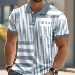 Men's Graphic Vertical Stripes Polo Short Sleeve Polo Shirts Collared Shirts Business Casual Outdoor Athleisure Daily Wear Buttons 3D Print Summer Blue Brown Green