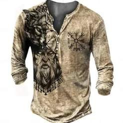 Men's Graphic Viking Henley Shirt Long Sleeve 3D Print Daily Casual Vintage Retro Casual Holiday Going out Spring & Fall Khaki Henley Henley T-Shirt