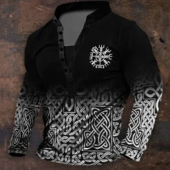 Men's Graphic Viking Henley Shirt Long Sleeve 3D Printing Daily Retro Vintage Casual Holiday Going out Festival Spring & Fall Black Blue Brown Green Henley Henley T-Shirt