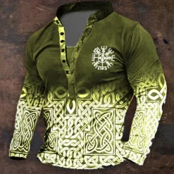 Men's Graphic Viking Henley Shirt Long Sleeve 3D Printing Daily Retro Vintage Casual Holiday Going out Festival Spring & Fall Black Blue Brown Green Henley Henley T-Shirt