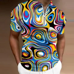Men's Graphic Zip Polo Shirts Golf Shirt Short Sleeve Polo Shirts Collared Shirts Casual Vacation Wear Rave Wear Party Outfits 3D Print Quarter Zip Polo Sea Blue Red Blue