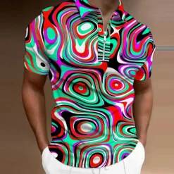 Men's Graphic Zip Polo Shirts Golf Shirt Short Sleeve Polo Shirts Collared Shirts Casual Vacation Wear Rave Wear Party Outfits 3D Print Quarter Zip Polo Sea Blue Red Blue