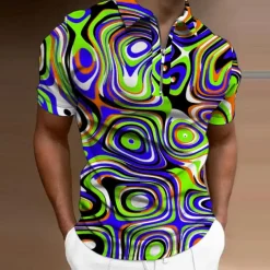 Men's Graphic Zip Polo Shirts Golf Shirt Short Sleeve Polo Shirts Collared Shirts Casual Vacation Wear Rave Wear Party Outfits 3D Print Quarter Zip Polo Sea Blue Red Blue