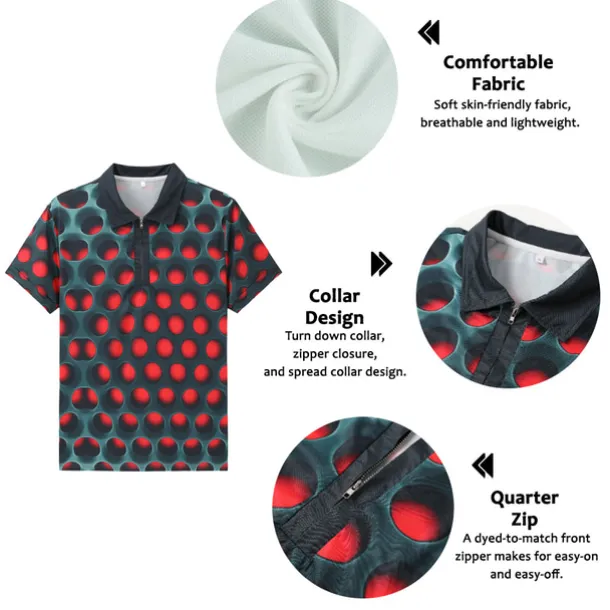 Men's Graphic Zip Polo Shirts Golf Shirt Short Sleeve Polo Shirts Collared Shirts Casual Vacation Wear Rave Wear Party Outfits 3D Print Quarter Zip Polo Red Blue Purple