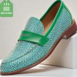 Men's Green & Beige Nylon Woven Loafers – Stylish Slip-On Dress Shoes for Weddings & Parties