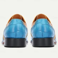 Men's Green and Orange Wingtip Oxford Shoes – Premium Cowhide Leather, Crocodile Embossed Pattern, Brogue Detailing, Elegant Formal Footwear for Weddings and Business Events