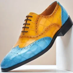 Men's Green and Orange Wingtip Oxford Shoes – Premium Cowhide Leather, Crocodile Embossed Pattern, Brogue Detailing, Elegant Formal Footwear for Weddings and Business Events
