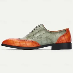 Men's Green and Orange Wingtip Oxford Shoes – Premium Cowhide Leather, Crocodile Embossed Pattern, Brogue Detailing, Elegant Formal Footwear for Weddings and Business Events