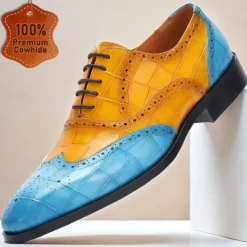 Men's Green and Orange Wingtip Oxford Shoes – Premium Cowhide Leather, Crocodile Embossed Pattern, Brogue Detailing, Elegant Formal Footwear for Weddings and Business Events