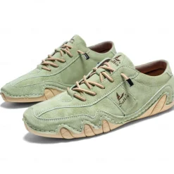 Men's Green Casual Faux Leather Sneakers with Unique Stitching and Lace-Up Design, Comfortable and Stylish for Everyday Wear
