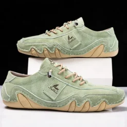 Men's Green Casual Faux Leather Sneakers with Unique Stitching and Lace-Up Design, Comfortable and Stylish for Everyday Wear