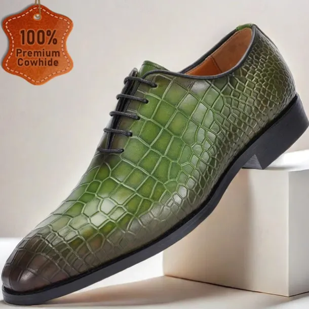 Men's Green Crocodile Pattern Leather Oxford Shoes – Premium Cowhide Lace-Up Design for Formal, Business and Special Occasions