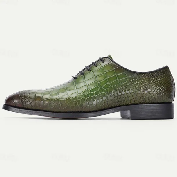 Men's Green Crocodile Pattern Leather Oxford Shoes – Premium Cowhide Lace-Up Design for Formal, Business and Special Occasions