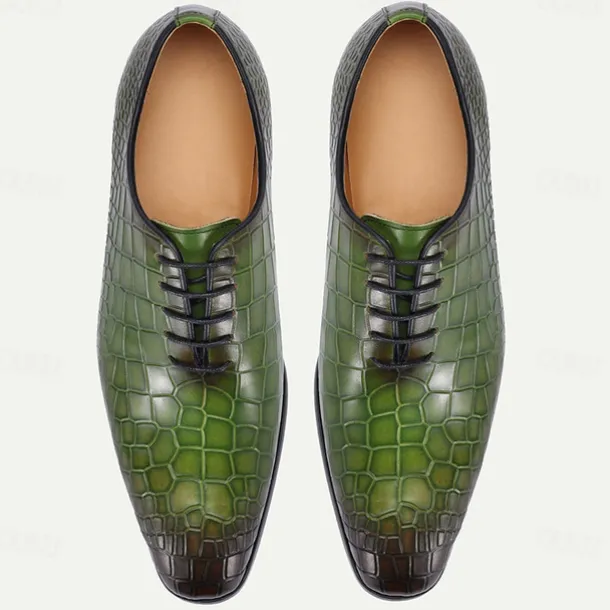 Men's Green Crocodile Pattern Leather Oxford Shoes – Premium Cowhide Lace-Up Design for Formal, Business and Special Occasions