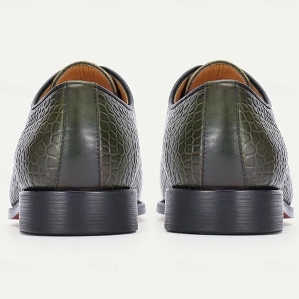 Men's Green Crocodile Pattern Leather Oxford Shoes – Premium Cowhide Lace-Up Design for Formal, Business and Special Occasions