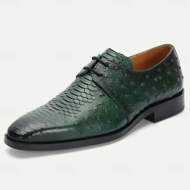 Men's Green Genuine Leather Oxford Shoes – Luxury Crocodile Pattern Lace-Up Dress Shoes for Kentucky Derby & Weddings