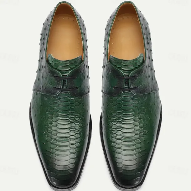 Men's Green Genuine Leather Oxford Shoes – Luxury Crocodile Pattern Lace-Up Dress Shoes for Kentucky Derby & Weddings