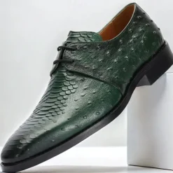 Men's Green Genuine Leather Oxford Shoes – Luxury Crocodile Pattern Lace-Up Dress Shoes for Kentucky Derby & Weddings
