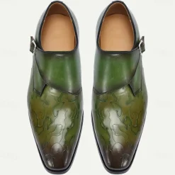 Men's Green Leather Monk Strap Dress Shoes – Premium Cowhide, Camouflage Pattern, Elegant Formal Footwear for Weddings and Business Events