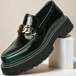 Men's Green Patent Faux Leather Loafers with Gold Chain Detail and Chunky Lug Sole – Modern Casual Footwear for Everyday Style