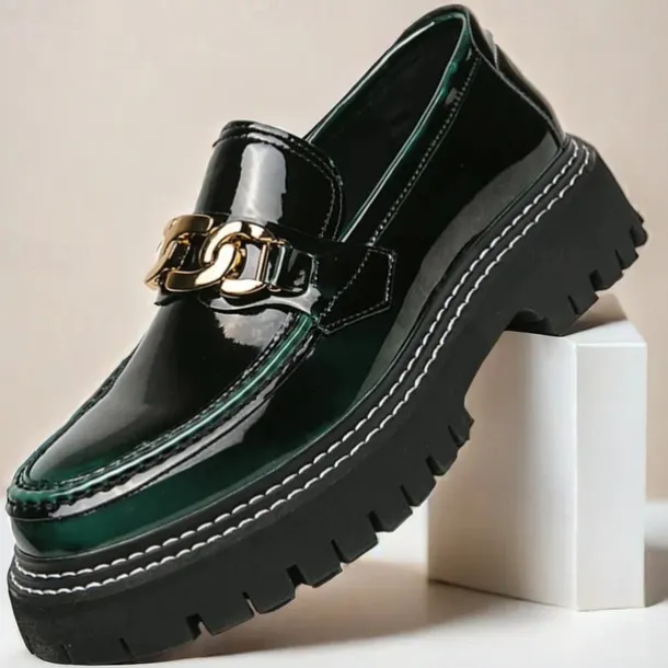 Men's Green Patent Faux Leather Loafers with Gold Chain Detail and Chunky Lug Sole – Modern Casual Footwear for Everyday Style