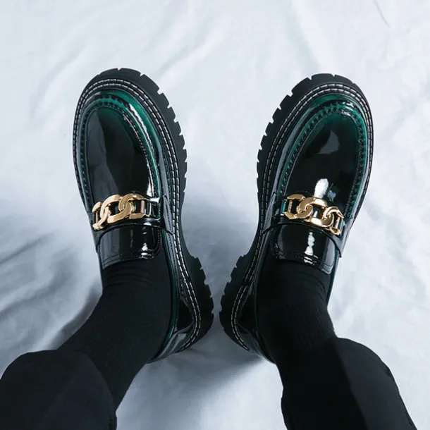 Men's Green Patent Faux Leather Loafers with Gold Chain Detail and Chunky Lug Sole – Modern Casual Footwear for Everyday Style