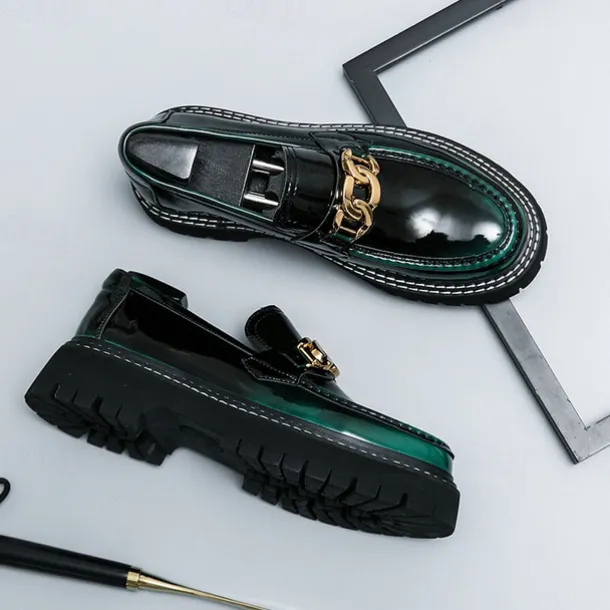 Men's Green Patent Faux Leather Loafers with Gold Chain Detail and Chunky Lug Sole – Modern Casual Footwear for Everyday Style