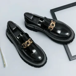 Men's Green Patent Faux Leather Loafers with Gold Chain Detail and Chunky Lug Sole – Modern Casual Footwear for Everyday Style