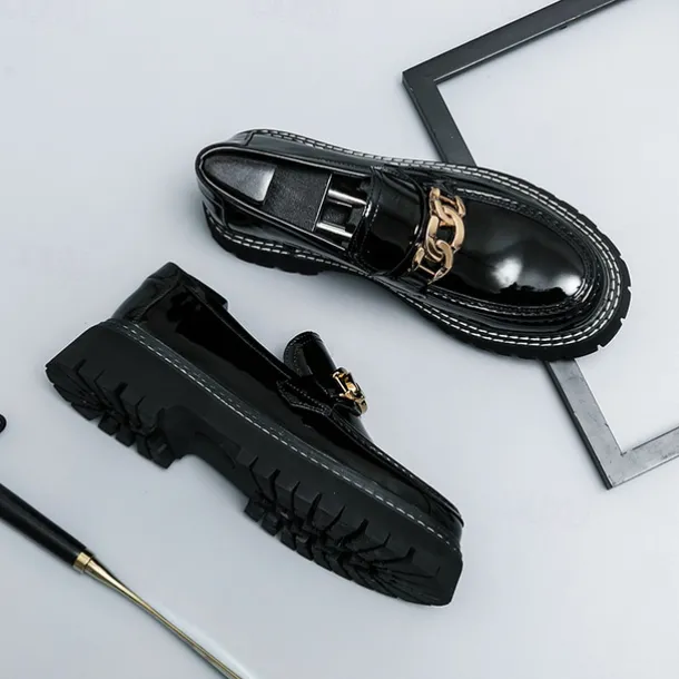 Men's Green Patent Faux Leather Loafers with Gold Chain Detail and Chunky Lug Sole – Modern Casual Footwear for Everyday Style