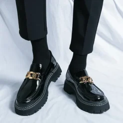 Men's Green Patent Faux Leather Loafers with Gold Chain Detail and Chunky Lug Sole – Modern Casual Footwear for Everyday Style