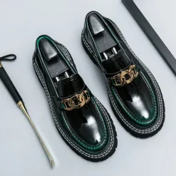 Men's Green Patent Faux Leather Loafers with Gold Chain Detail and Chunky Lug Sole – Modern Casual Footwear for Everyday Style