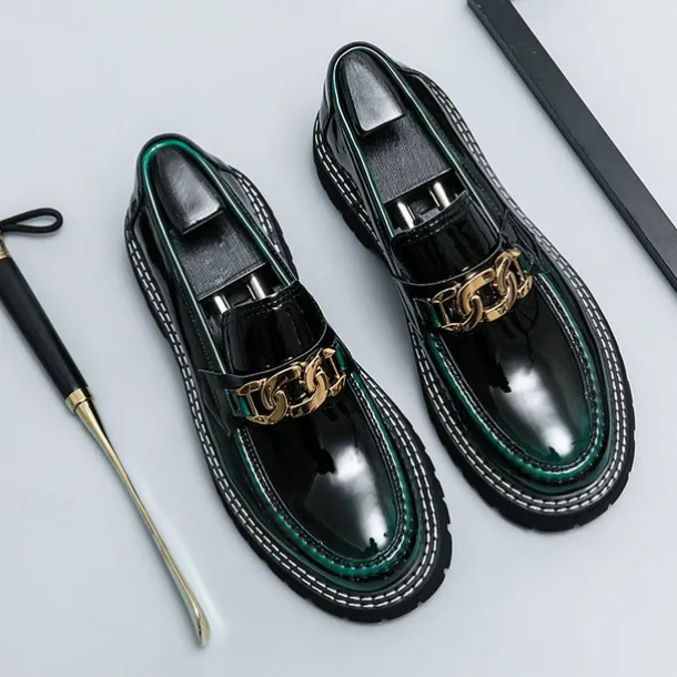 Men's Green Patent Faux Leather Loafers with Gold Chain Detail and Chunky Lug Sole – Modern Casual Footwear for Everyday Style