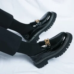 Men's Green Patent Faux Leather Loafers with Gold Chain Detail and Chunky Lug Sole – Modern Casual Footwear for Everyday Style