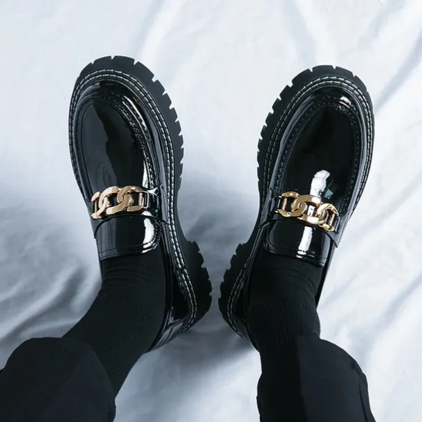 Men's Green Patent Faux Leather Loafers with Gold Chain Detail and Chunky Lug Sole – Modern Casual Footwear for Everyday Style