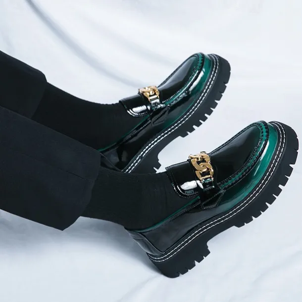 Men's Green Patent Faux Leather Loafers with Gold Chain Detail and Chunky Lug Sole – Modern Casual Footwear for Everyday Style