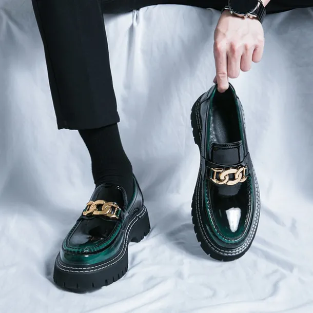 Men's Green Patent Faux Leather Loafers with Gold Chain Detail and Chunky Lug Sole – Modern Casual Footwear for Everyday Style