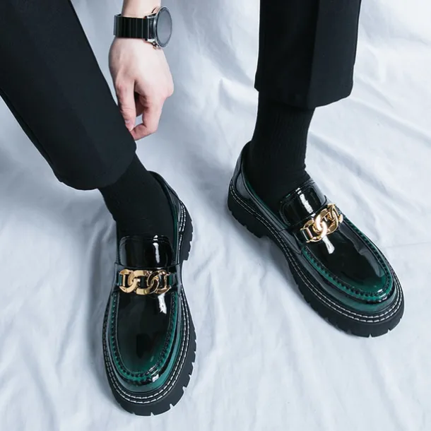 Men's Green Patent Faux Leather Loafers with Gold Chain Detail and Chunky Lug Sole – Modern Casual Footwear for Everyday Style