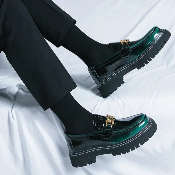 Men's Green Patent Faux Leather Loafers with Gold Chain Detail and Chunky Lug Sole – Modern Casual Footwear for Everyday Style