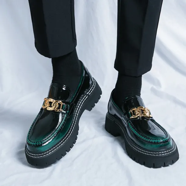 Men's Green Patent Faux Leather Loafers with Gold Chain Detail and Chunky Lug Sole – Modern Casual Footwear for Everyday Style