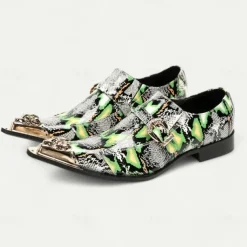 Men's Green Snake Print Leather Slip-On Loafers with Metal Buckle and Decorative Toe Cap - Premium Cowhide Exotic Style Dress Shoes for Parties and Formal Events