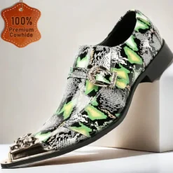 Men's Green Snake Print Leather Slip-On Loafers with Metal Buckle and Decorative Toe Cap - Premium Cowhide Exotic Style Dress Shoes for Parties and Formal Events