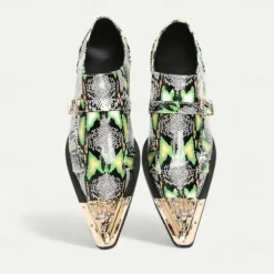Men's Green Snake Print Leather Slip-On Loafers with Metal Buckle and Decorative Toe Cap - Premium Cowhide Exotic Style Dress Shoes for Parties and Formal Events