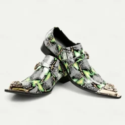 Men's Green Snake Print Leather Slip-On Loafers with Metal Buckle and Decorative Toe Cap - Premium Cowhide Exotic Style Dress Shoes for Parties and Formal Events