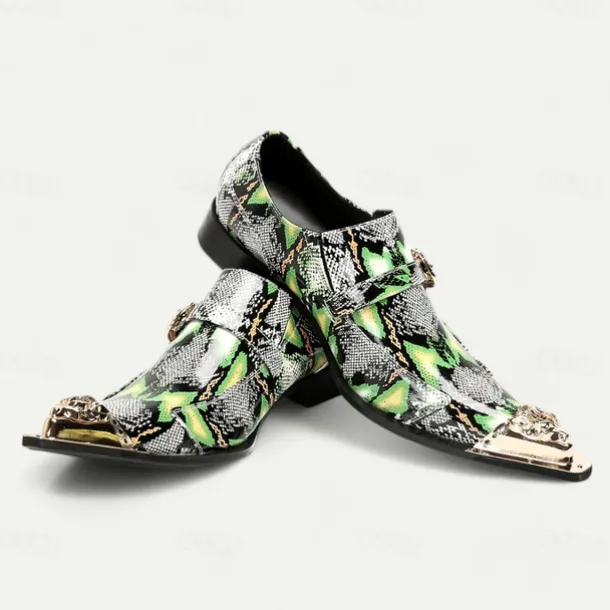 Men's Green Snake Print Leather Slip-On Loafers with Metal Buckle and Decorative Toe Cap - Premium Cowhide Exotic Style Dress Shoes for Parties and Formal Events
