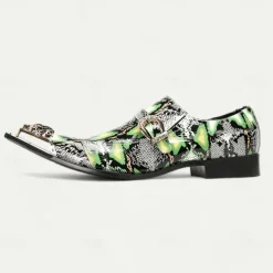 Men's Green Snake Print Leather Slip-On Loafers with Metal Buckle and Decorative Toe Cap - Premium Cowhide Exotic Style Dress Shoes for Parties and Formal Events