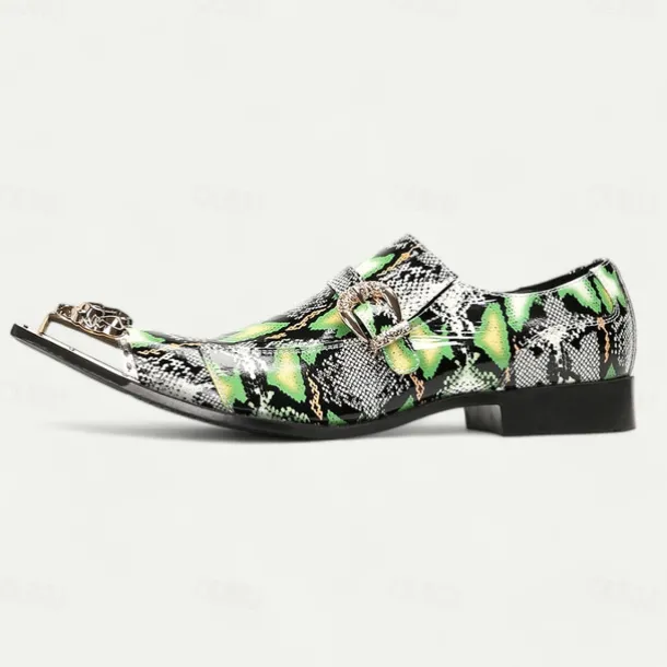 Men's Green Snake Print Leather Slip-On Loafers with Metal Buckle and Decorative Toe Cap - Premium Cowhide Exotic Style Dress Shoes for Parties and Formal Events