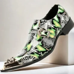 Men's Green Snake Print Leather Slip-On Loafers with Metal Buckle and Decorative Toe Cap - Premium Cowhide Exotic Style Dress Shoes for Parties and Formal Events