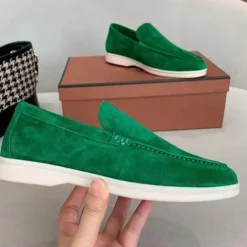 Men's Green Suede Casual Loafers with Lightweight Non-Slip White Sole, Comfortable Slip-On Design, and Breathable Material