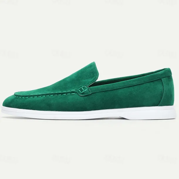 Men's Green Suede Casual Loafers with Lightweight Non-Slip White Sole, Comfortable Slip-On Design, and Breathable Material